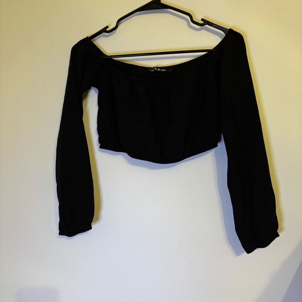 For Love And Lemons Black Off-Shoulder Chi Chi Crop Top Long Sleeve Sm - Picture 3 of 6